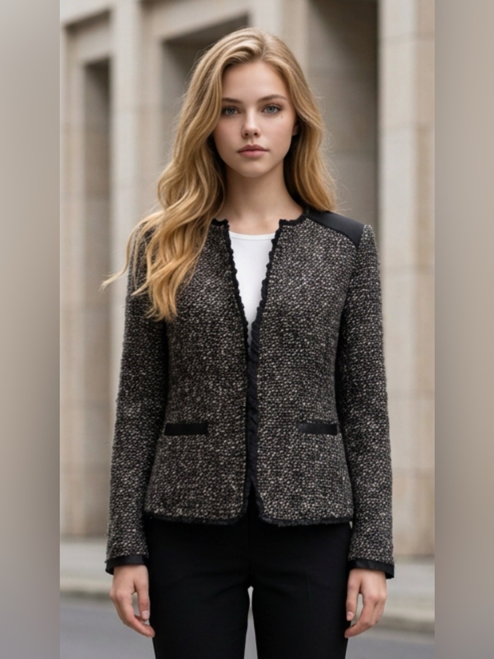 Dalia Collection Black Tweed Collarless Blazer Wool Blend Fabric